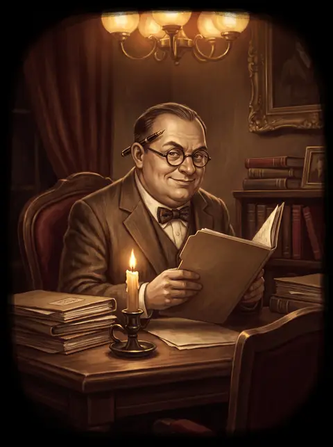Illustration: an advisor reading a black ledger of secrets by candlelight.