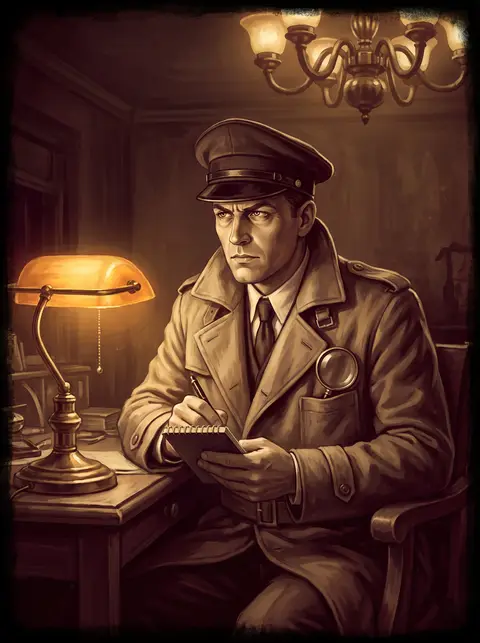 Illustration: a detective peering through a brass magnifying glass.