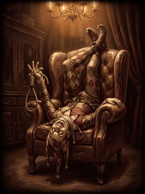Illustration: a grinning jester bowing with a noose held like a prize.