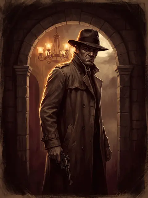 Illustration: a hooded avenger with an antique revolver in moonlight.
